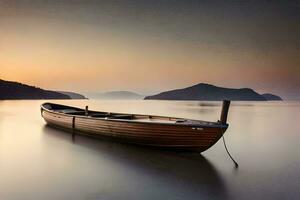 une bateau est assis sur le l'eau à le coucher du soleil. généré par ai photo
