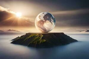 une globe flottant sur Haut de un île. généré par ai photo