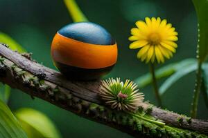 une coloré Balle est assis sur une branche avec une fleur. généré par ai photo