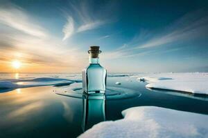 une bouteille de l'eau est assis sur le la glace dans le milieu de le océan. généré par ai photo