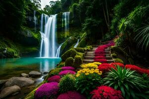 magnifique cascade dans le jungle avec coloré fleurs. généré par ai photo