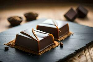 deux pièces de Chocolat sur une noir plaque. généré par ai photo