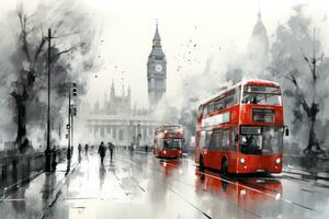 Londres rue avec rouge autobus dans pluvieux journée esquisser illustration photo