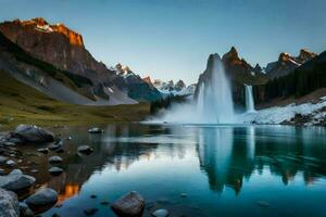 une cascade dans le montagnes avec rochers et l'eau. généré par ai photo