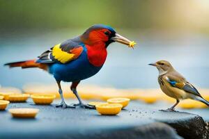 une coloré oiseau alimente sur une Jaune oiseau. généré par ai photo