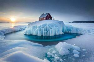une rouge maison est assis sur un iceberg dans le milieu de un la glace banquise. généré par ai photo