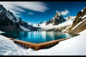 une Lac entouré par neige et montagnes. généré par ai photo