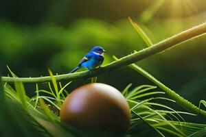 une bleu oiseau est assis sur une branche dans le milieu de une vert plante. généré par ai photo