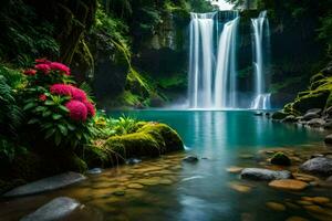 magnifique cascade dans le jungle avec rose fleurs. généré par ai photo