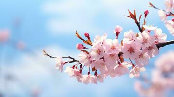 Sakura fleurs sur flou ciel Contexte grand fond photo