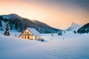 une cabine dans le neige avec montagnes dans le Contexte. généré par ai photo