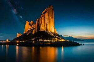 le Château à nuit sur le côte de une lac. généré par ai photo