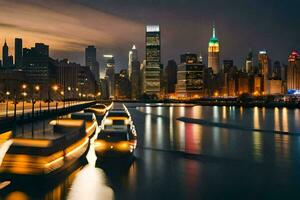 une ville horizon à nuit avec bateaux sur le l'eau. généré par ai photo