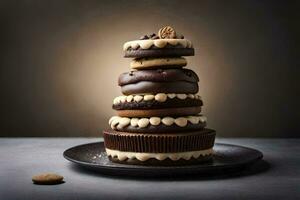 une empiler de Chocolat petits gâteaux sur une plaque. généré par ai photo