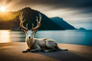 une cerf avec bois séance sur le sol près le l'eau. généré par ai photo