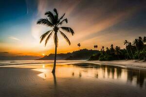 le plage, coucher de soleil, paume arbre, plage, le océan, le ciel, le ciel,. généré par ai photo