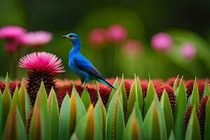 une bleu oiseau est perché sur Haut de une fleur. généré par ai photo