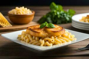 une assiette de Pâtes avec fromage et herbes. généré par ai photo