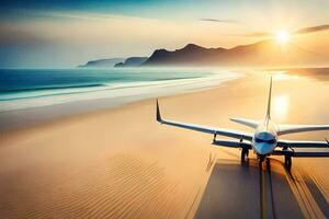 un avion est garé sur le plage à le coucher du soleil. généré par ai photo