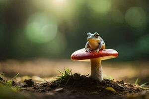 une grenouille est assis sur Haut de une rouge champignon. généré par ai photo