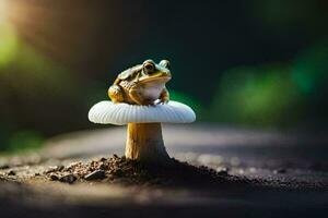 une grenouille est assis sur Haut de une champignon. généré par ai photo