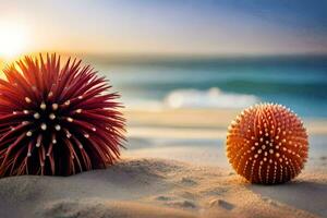 deux épineux des balles sur le plage à le coucher du soleil. généré par ai photo