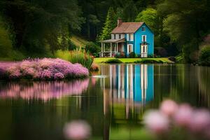 une bleu maison est assis sur le bord de une lac. généré par ai photo