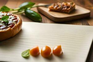 une Pizza avec tomates et basilic sur une bloc-notes. généré par ai photo