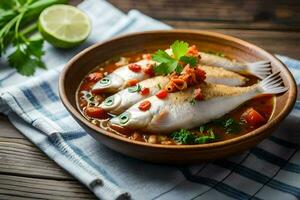 poisson dans une bol avec tomate sauce et herbes. généré par ai photo