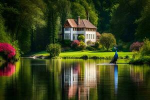 une maison est assis sur le bord de une Lac entouré par des arbres. généré par ai photo