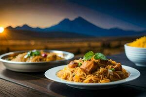 le nourriture est servi sur une en bois table avec une vue de le montagnes. généré par ai photo