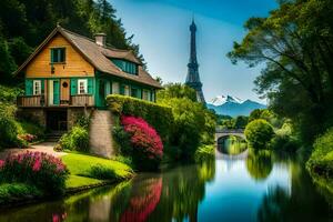 une maison est assis sur le banques de une rivière avec le Eiffel la tour dans le Contexte. généré par ai photo