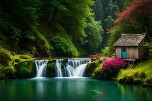 mur art - photographier - cascade et cabine dans le forêt par James Kennedy. généré par ai photo