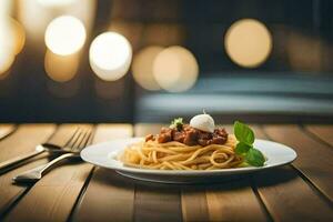 spaghetti avec Viande sauce sur une plaque. généré par ai photo