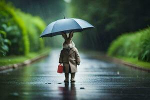 une lapin dans une tranchée manteau et chapeau est en marchant vers le bas une humide route. généré par ai photo
