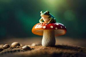 une grenouille séance sur Haut de une champignon. généré par ai photo