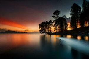 une magnifique le coucher du soleil plus de une Lac avec des arbres. généré par ai photo