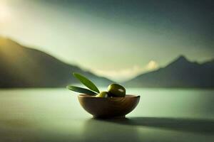 Olives dans une en bois bol sur une table dans de face de montagnes. généré par ai photo