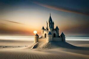 une Château sur le plage à le coucher du soleil. généré par ai photo