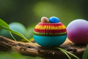 coloré des œufs sont séance sur une branche. généré par ai photo