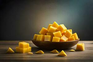 une bol de en cubes fromage sur une en bois tableau. généré par ai photo