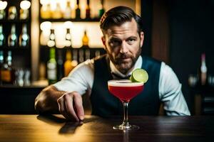 une homme est en portant une cocktail verre avec une chaux. généré par ai photo