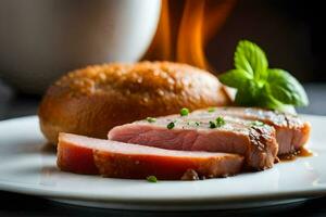 une assiette avec une pièce de Viande et pain sur il. généré par ai photo