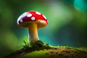 une rouge et blanc champignon est séance sur Haut de une vert herbeux champ. généré par ai photo