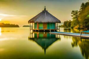une petit cabane est assis sur le l'eau à le coucher du soleil. généré par ai photo