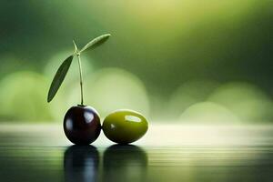 deux Olives sur une en bois table avec une vert Contexte. généré par ai photo