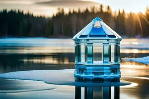 une petit phare est assis sur Haut de un la glace couvert lac. généré par ai photo