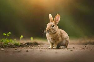 une lapin séance sur le sol dans le Soleil. généré par ai photo