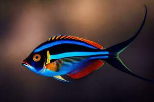 une coloré poisson avec noir, bleu, et Orange rayures. généré par ai photo