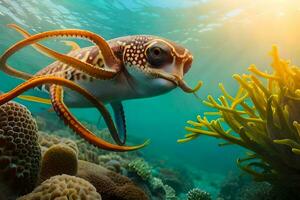 un poulpe nager plus de corail récifs avec lumière du soleil brillant à travers. généré par ai photo